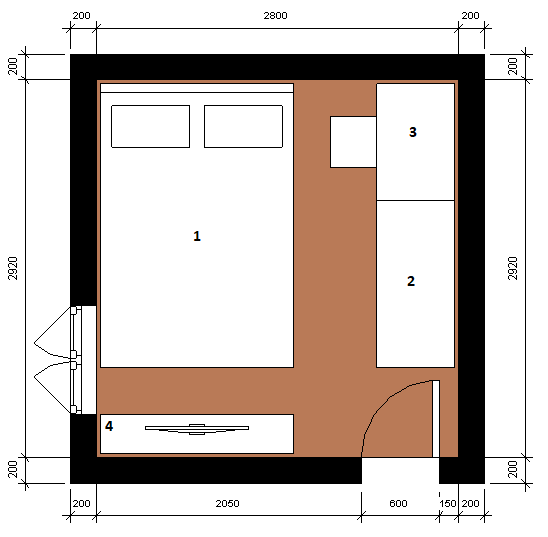 Mặt bằng bố trí nội thất một phòng ngủ nhỏ hơn 9m²: 1 – Giường ngủ, 2 – Tủ quần áo, 3 – Bàn làm việc, 4 – Kệ TV.