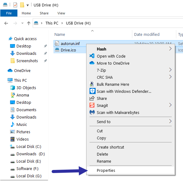 Chọn cả hai file Drive.ico và autorun.inf, nhấp chuột phải và chọn Properties