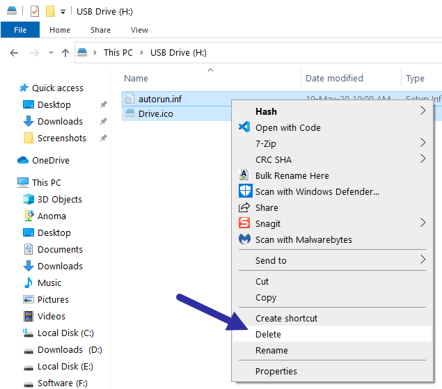 Chọn cả hai file Drive.ico và autorun.inf, nhấp chuột phải vào chúng và chọn tùy chọn Delete